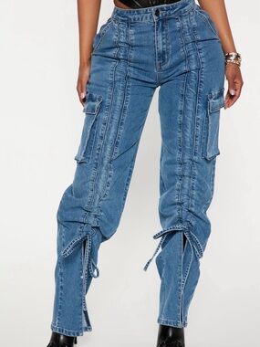 Fashion Nova High-Rise Blue Cargo Tie Hem Jeans for Women